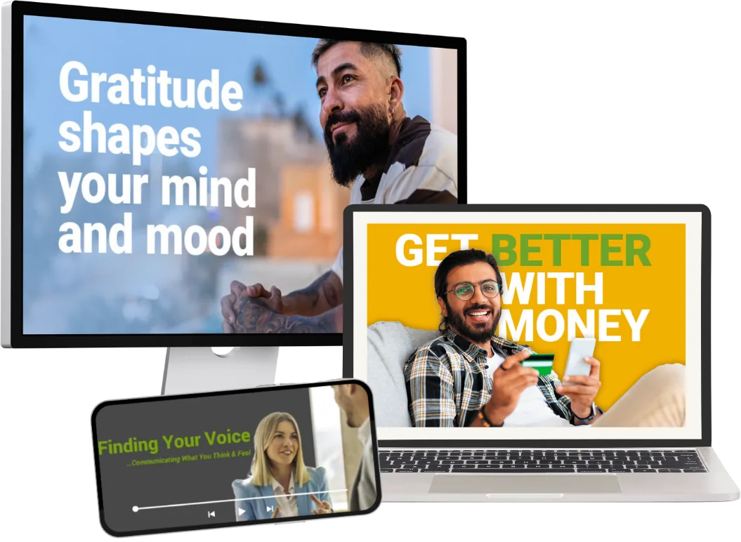 Proactive EAP content shown across desktop, laptop and phone — Gratitude shapes your mind and mood, R U OK?, Finding Your Voice